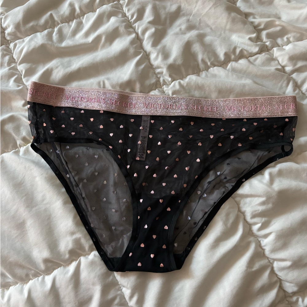 NWT Victoria's Secret Black Sheer Mesh Bikini with Pink Metallic Hearts